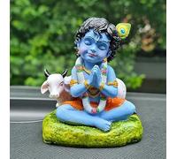 statue Bal Roop Lord Krishna Idol with Cow | Laddu Gopal Murti for Car Dashboard, Home Temple, Office Desk Decor | Resin Krishna Statue Showpiece - 8cm Height (Blue)