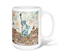 Statue Ceramic Coffee Mug, Festive Fanciful Fireworks Buildings Independence Day Blue Novelty Tea Mug with Handle Ideal for Friends Family Co-Worker Lovers Eldership Senior 15 Oz