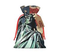 Statue Liberty American Flag Christmas Gift Bags with Tags & Ribbon Ties, Personalized Santa Sack Xmas Treat Pouch Party Favor Bags Drawstring Christmas Sacks for Holiday Presents Storage Small