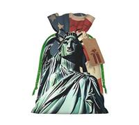Statue Liberty American Flag Christmas Gift Bags with Tags & Ribbon Ties, Personalized Santa Sack Xmas Treat Pouch Party Favor Bags Drawstring Christmas Sacks for Holiday Presents Storage Medium