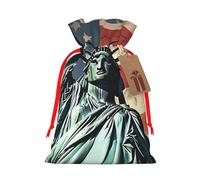Statue Liberty American Flag Christmas Gift Bags with Tags & Ribbon Ties, Personalized Santa Sack Xmas Treat Pouch Party Favor Bags Drawstring Christmas Sacks for Holiday Presents Storage Medium