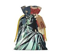 Statue Liberty American Flag Christmas Gift Bags with Tags & Ribbon Ties, Personalized Santa Sack Xmas Treat Pouch Party Favor Bags Drawstring Christmas Sacks for Holiday Presents Storage Small