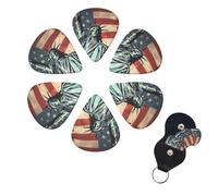 Statue Liberty American Flag Guitar Picks 6 Pack, 0.71mm Thickness Celluloid Bass Pick with Leather Guitar Pick Holder Keychain Abstract Art Pics Plectrum for Acoustic Electric Guitar, Ukulele, Bass