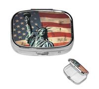 Statue Liberty American Flag Pill Box with Mirror, 2 Compartment Small Pill Case for Purse Or Pocket Mini Metal Pill Holder Travel Weekly Medicine Tablet Vitamin Holder Organizer Travel Gifts