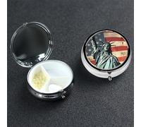 Statue Liberty American Flag Pill Box with Mirror 3 Compartment Decorative Pill Case for Purse or Pocket Small Round Pill Organizer Weekly Metal Medicine Tablet Vitamin Holder Travel Gift