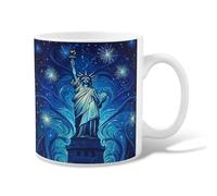 Statue of Ceramic Coffee Mug, Patriotic Artistic Stars Swirls Independence Day Blue Novelty Hot Chocolate Mug with Handle Ideal for Friends Family Lovers Eldership Senior Co-Worker 11 Oz