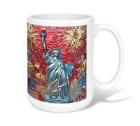 Statue of Ceramic Coffee Mug, Patriotic Festive Fireworks America Flag Independence Day Red Novelty Hot Chocolate Mug with Handle Ideal for Friends Family Coworkers Teachers Couples Employees 15 Oz