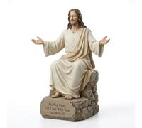 Statue of Jesus with outstretched arms, featuring biblical text on the base a Christian figurine religious home decoration sculpture placed on a fireplace mantel, desk, or prayer room