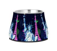 Statue of Liberty & Eiffel Tower: Glitch Art Feeder Dogs Bowls Enhanced Stainless Steel Water Food Bowl for Medium Dogs Whisker Relief