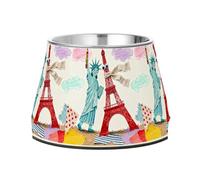 Statue of Liberty & Eiffel Tower: Playful Collage Art Dogs Food Bowl Non Skid Stainless Steel Cats Basic Bowls for Dogs Cats Rabbits Birds Whisker Fatigue