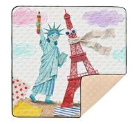 Statue of Liberty & Eiffel Tower: Playful Collage Art Large Non-Slip Baby Activity Play Mat for Floor Washable Baby Play Tummy Time Mat for Newborns Babies Infants Toddlers, 50'' x 50''