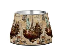 Statue of Liberty & Eiffel Tower: Steampunk Airship Art Bowl for Dogs Elevated Stainless Steel Pets Feeding Bowl for Small Dogs Whisker Friendly