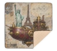 Statue of Liberty & Eiffel Tower: Steampunk Airship Art Large Non-Slip Baby Playmat for Floor Washable Infant Play Mat for Babies Infants Toddlers, 50'' x 50''