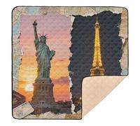 Statue of Liberty & Eiffel Tower: Travel Collage Art Soft Thick Baby Playmat for Indoor Outdoor Lightweight Padded Play Mat for Newborns Babies Infants Toddlers, 50'' x 50''
