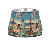 Statue of Liberty & Eiffel Tower: Ukiyo - E Style Dogs Food Bowl with Stand Stainless Steel Feeder Pets Bowl for Medium Dogs Comfort Feeding