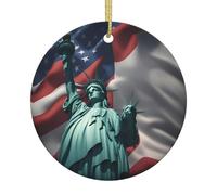 Statue of Liberty Flag Print Christmas Tree Hanging Ornament,Ceramic decor,Round Porcelain Pendant Xmas