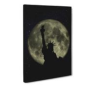 Statue Of Liberty Full Moon New York City Canvas Print | Gallery Wrapped 30mm Frame Wall Art | 24x16 inches | Ready to Hang | Modern Space Picture | Living Room Bedroom Lounge Office