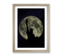 Statue Of Liberty Full Moon New York City Modern Framed Print | A3 Oak Framed Wall Art | Ready to Hang | Modern Space Picture | Living Room Bedroom Lounge Office