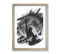 Statue Of Liberty Full Moon New York City V1 Modern Framed Print | A4 Oak Framed Wall Art | Ready to Hang | Modern Space Picture | Living Room Bedroom Lounge Office