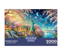 Statue of Liberty in A Cherry-blossom, Moonlit Landscape 1000-Piece Jigsaw Puzzle Dream Building - Ideal for Men, Women, Elders & Seniors 38x26cm/1000pcs