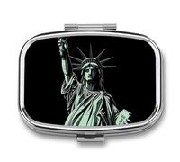 Statue of Liberty Pattern Pill Box - 2 Compartment Travel Pill Organizer with Small Mirror, Portable Pillcase for Pocket & Purse, Cute Square Medicine Case, Weekly Medicine Container