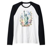 Statue of Liberty Surrounded by Flowers and Doves Raglan Baseball Tee