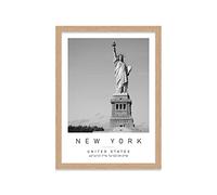 Statue of Liberty Travel Print New York Wall art Black and white Poster A3 Print in Oak Effect frame 33.5 X 45.5cm (13.2x18inch)