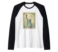Statue of Liberty USA Patriotic Vintage Stamp Raglan Baseball Tee