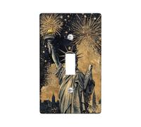 Statue Single Light Switch Cover Plate, Patriotic Vintage Fireworks Stars Independence Gold Plastic Standard Size Wall Switch Plates Accents for Home Living Room Bedroom Bathroom Decor (Single)