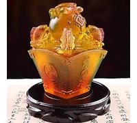 Statues and Figurines, Feng Shui Crab Sits on Top of A Bead with Four Arowanas Sculptures, Home Office Auspicious Decoration Yellow