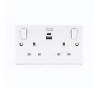STATUS 13A Double Wall Socket with USB-C and Dual USB-A Fast-Charge Ports, 2-Gang Switched Faceplate for Home, Office or Kitchen, White (S2G13ATCAUSB