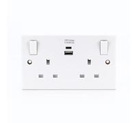 STATUS 13A Double Wall Socket with USB-C and Dual USB-A Fast-Charge Ports, 2-Gang Switched Faceplate for Home, Office or Kitchen, White (S2G13ATCAUSBSWS4)