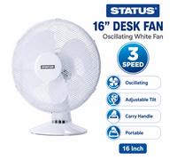 Status 16 inch Oscillating portable Desk Fan | 3 Speed Adjustable Angle Fan | White | S16DESKFAN1PKB