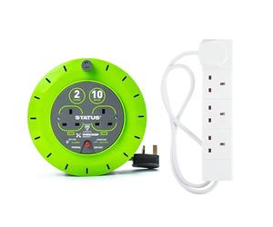 STATUS 2 Socket Cable Reel | 10m Green Extension Lead | 13A with Thermal Cut Out & Multi Plug Extension | 4 Socket Extension Cable | 1m Extension Lead | 4WS1M20