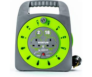 STATUS 2 Socket Cable Reel, 18m Green Extension Lead, 13A with Thermal Cut Out,