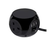 Status 3 Way Cube Socket with 3 USB Ports, Black Compact Extension Adapter with 1.4 Metre Lead for Home Office Travel Use, Space Saving Power Block,