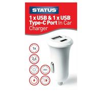 Status 12V Car Charger | 2 x USBA & C Car Charger Adapter | White| S2USBACCC1PK6