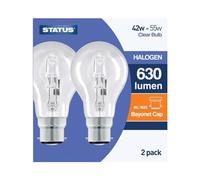 Status Pack of 2 x Halogen GLS 42watt Equivalent to 55watt Clear Bayonet Cap Warm White Light Colour 2700k Fully Dimmable