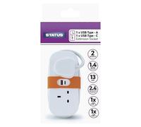 STATUS Travel Extension Socket with 2 UK Plug Sockets, 2 USB Ports (Type A & Type C) | 1.4 Metre Extension Lead | Ideal for Travel