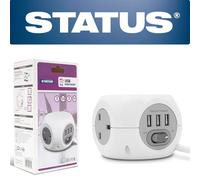 Status White Cube Socket | 3 Way Cube with 3 USB Adapter Socket | 1.4m Extension Lead | S3W1.4M3XUSB1PK6