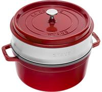 Staub 1004352 Cast Iron Roaster/Cocotte, With Steam Insert, Round 26 cm, 5.2 L, With Matte Black Enamel Inside the Pot, Cherry Red