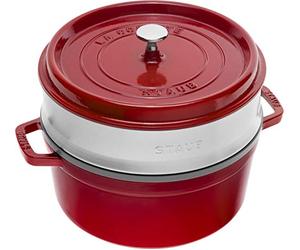Staub 1004352 Cast Iron Roaster/Cocotte, With Steam Insert, Round 26 cm, 5.2 L, With Matte Black Enamel Inside the Pot, Cherry Red