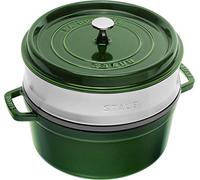 Staub 1004354 Cast Iron Roaster/Cocotte, With Steam Insert, Round 26 cm, 5.2 L, With Matte Black Enamel Inside the Pot, Basil/Green, Basilic