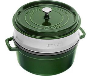 Staub 1004354 Cast Iron Roaster/Cocotte, With Steam Insert, Round 26 cm, 5.2 L, With Matte Black Enamel Inside the Pot, Basil/Green, Basilic