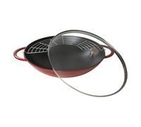 STAUB 40509-898-0 Cast Iron Wok, Including Glass Lid and Removable Grid Insert, Suitable for Induction, Ø 37 cm, 5.7 L, Cherry Red