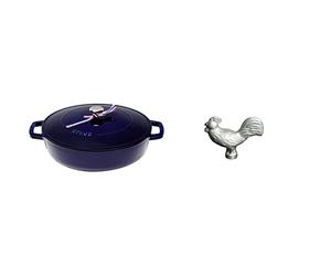 STAUB 40511-476-0 Cast Iron Chistera, Dark Blue, 28 cm & 40509-346-0 Rooster Lid Knob, Cast Iron, Silver