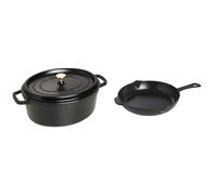 Staub Cast Iron Roaster/Cocotte, Oval 37 cm, 8 L, Black & Cast Iron Fry Pan, Black, 25 cm