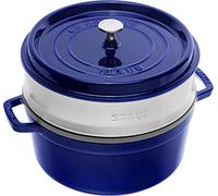 STAUB Cast Iron Roaster/Cocotte with Steamer Insert, Round, 26 cm, 5.2 L, With matte black interior enamel, Dark Blue