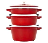 STAUB Cast Iron Set 4-pc, Stackable Space-Saving Cookware Set, Dutch Oven, Skillet, Grill Pan with Universal Lid, Made in France, Cherry