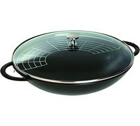 STAUB Cast Iron Wok with Glass Lid, 37 cm, Induction, Made in France | With Stainless Steel Draining Rack, Suitable for All Hob Types, Black, Enamelled Interior